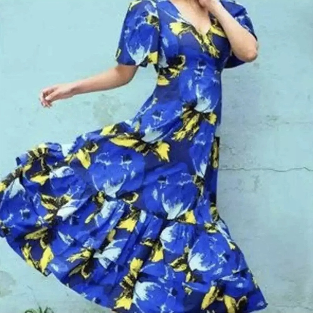 Christopher John Rogers for Target Blue Floral Puff Sleeve Tiered Dress Size 8